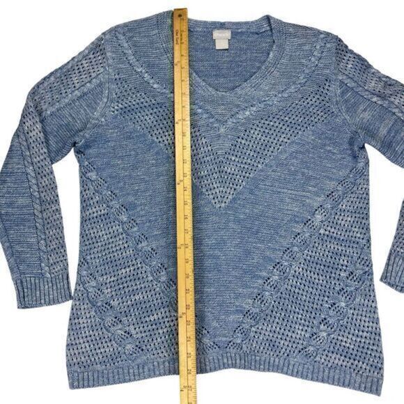 Chico's Textured Open Knit V-Neck Sweater Women L Blue Classic Oversize Pullover - Picture 14 of 16